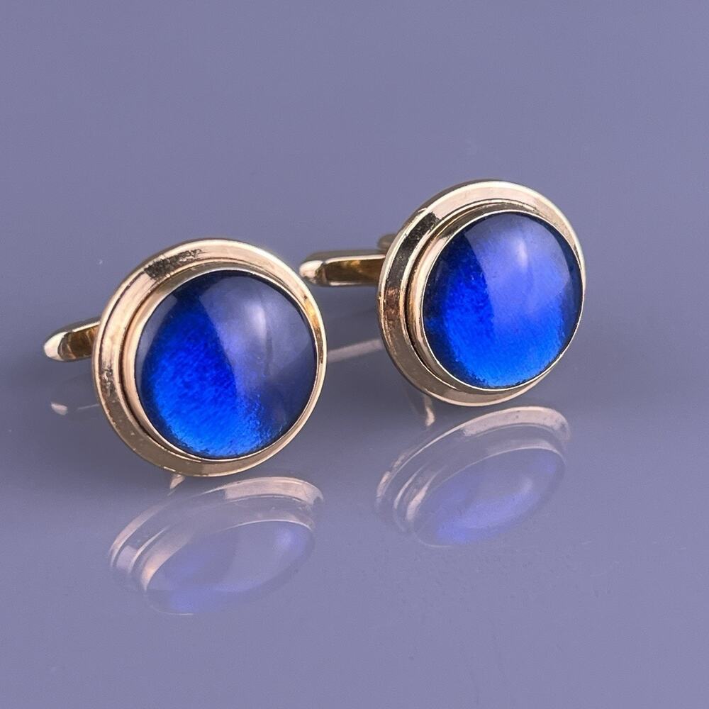Blue Glass Cabochon Cufflinks Gold Plated Dome Round Simple Hickok Vintage
